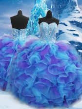 Fitting Blue Ball Gowns Beading and Ruffles Vestidos de Quinceanera Lace Up Organza Sleeveless Floor Length