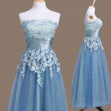  Strapless Sleeveless Lace Up Dama Dress for Quinceanera Blue Tulle