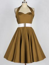 Modern Brown Taffeta Lace Up Halter Top Sleeveless Knee Length Quinceanera Dama Dress Belt