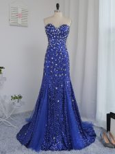  Royal Blue Sweetheart Zipper Beading and Sequins Dress for Prom Brush Train Sleeveless