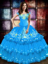 Modest Baby Blue Ball Gowns Taffeta Off The Shoulder Sleeveless Embroidery and Ruffled Layers Floor Length Lace Up 15 Quinceanera Dress