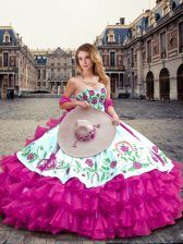  Floor Length Lace Up Quinceanera Dress Fuchsia for Military Ball and Sweet 16 and Quinceanera with Embroidery and Ruffled Layers