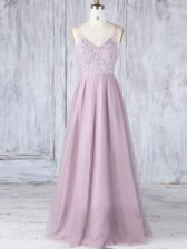  Pink Empire V-neck Sleeveless Tulle Floor Length Clasp Handle Lace Quinceanera Dama Dress