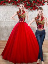 Beauteous Organza High-neck Sleeveless Lace Up Appliques Quinceanera Gowns in Red