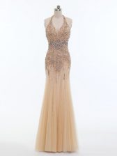  Floor Length Mermaid Sleeveless Champagne Prom Dresses Backless