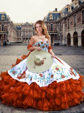 Super Rust Red Lace Up Sweet 16 Quinceanera Dress Embroidery and Ruffled Layers Sleeveless Floor Length