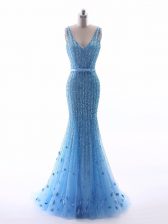  Sleeveless Zipper Floor Length Beading and Belt and Hand Made Flower Prom Dresses