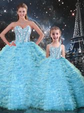  Floor Length Lace Up 15th Birthday Dress Light Blue for Military Ball and Sweet 16 and Quinceanera with Beading and Ruffles