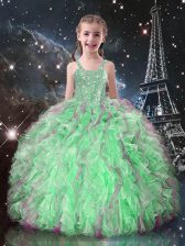  Apple Green Organza Lace Up Straps Sleeveless Floor Length Kids Formal Wear Beading and Ruffles