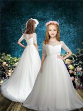 Captivating Beading Flower Girl Dresses for Less White Zipper Half Sleeves Brush Train