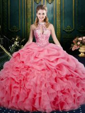 Enchanting Ball Gowns 15th Birthday Dress Watermelon Red Halter Top Organza Sleeveless Floor Length Lace Up