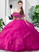 Designer Hot Pink Tulle Lace Up Sweet 16 Quinceanera Dress Sleeveless Floor Length Lace and Ruffles