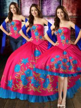 Comfortable Hot Pink Lace Up Strapless Embroidery Quinceanera Gown Taffeta Sleeveless