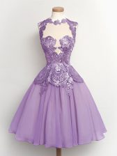  Lavender Lace Up High-neck Lace Dama Dress for Quinceanera Chiffon Sleeveless