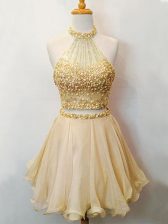 Elegant Organza Halter Top Sleeveless Lace Up Beading Quinceanera Dama Dress in Champagne