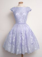  Lavender Cap Sleeves Knee Length Lace Lace Up Quinceanera Court of Honor Dress