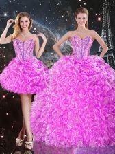 Extravagant Fuchsia Three Pieces Organza Sweetheart Sleeveless Beading and Ruffles Floor Length Lace Up Sweet 16 Dress