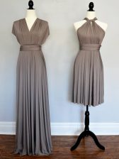 Sophisticated Halter Top Sleeveless Dama Dress Floor Length Ruching Grey Chiffon