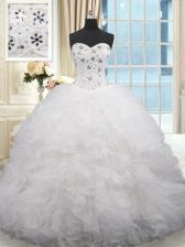  White Sweet 16 Dresses Organza Brush Train Sleeveless Beading and Ruffles