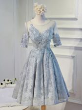  Scoop Half Sleeves Lace Up Grey Organza