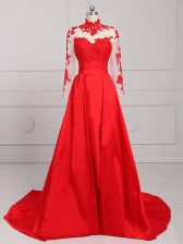 Edgy Red Long Sleeves Satin Brush Train Backless Prom Dresses for Prom and Party and Military Ball