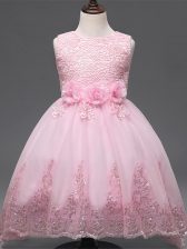  Tulle Scoop Sleeveless Zipper Lace and Appliques and Bowknot and Hand Made Flower Child Pageant Dress in Baby Pink