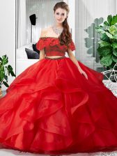  Red Two Pieces Off The Shoulder Sleeveless Tulle Floor Length Lace Up Lace and Ruffles Quinceanera Dress