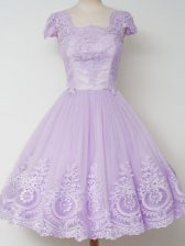 Pretty Lavender Square Zipper Lace Court Dresses for Sweet 16 Cap Sleeves