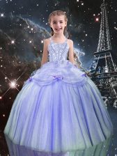  Floor Length Lilac Little Girl Pageant Gowns Straps Sleeveless Lace Up