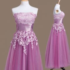 Enchanting Lilac Sleeveless Tea Length Appliques Lace Up Court Dresses for Sweet 16