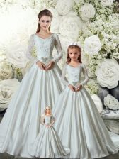  V-neck Long Sleeves Chapel Train Lace Up 15 Quinceanera Dress White Taffeta