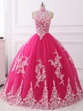  Hot Pink Sleeveless Floor Length Lace Zipper Sweet 16 Dress