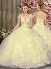  Light Yellow Ball Gowns Beading and Ruffles Vestidos de Quinceanera Lace Up Tulle Sleeveless Floor Length