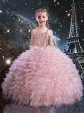 Trendy Pink Straps Neckline Beading and Ruffles Little Girl Pageant Dress Short Sleeves Lace Up
