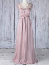 Super Short Sleeves Floor Length Lace Clasp Handle Quinceanera Court Dresses with Pink 