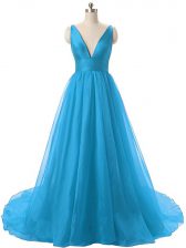  Blue Evening Dress Prom with Ruching V-neck Sleeveless Brush Train Backless