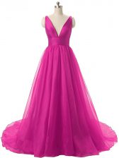  Ruching Dress for Prom Fuchsia Backless Sleeveless Brush Train