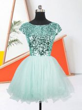  Apple Green Lace Up Prom Dresses Sequins Short Sleeves Mini Length