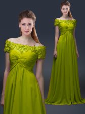 Clearance Olive Green A-line Off The Shoulder Short Sleeves Satin Floor Length Lace Up Appliques Homecoming Dress