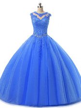  Blue Sleeveless Tulle Lace Up Quinceanera Dress for Military Ball and Sweet 16 and Quinceanera