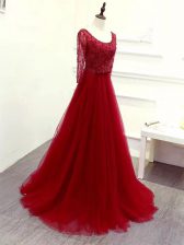 Wine Red Empire Beading and Lace and Belt Prom Dresses Zipper Tulle Long Sleeves