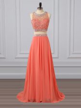  Watermelon Red Homecoming Dress Chiffon Brush Train Sleeveless Beading