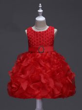 Great Ruffles and Belt Little Girl Pageant Dress Red Lace Up Sleeveless Knee Length