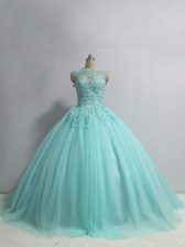 Classical Floor Length Aqua Blue Quinceanera Dress Scoop Sleeveless Lace Up