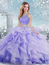 Top Selling Organza and Tulle Scoop Sleeveless Clasp Handle Beading and Ruffles Quinceanera Dresses in Lavender
