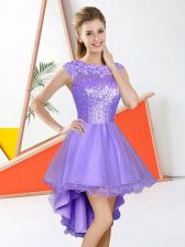 Classical Lavender Organza Backless Damas Dress Sleeveless High Low Beading and Lace