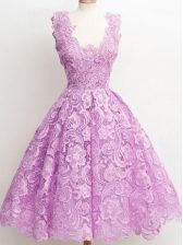 Decent Lilac A-line Lace Vestidos de Damas Zipper Lace Sleeveless Knee Length