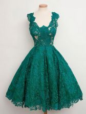 Pretty Dark Green A-line Lace Straps Sleeveless Lace Knee Length Lace Up Damas Dress