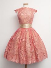Fancy Watermelon Red High-neck Neckline Belt Quinceanera Dama Dress Cap Sleeves Lace Up