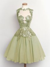 Perfect Knee Length Olive Green Quinceanera Court Dresses High-neck Sleeveless Lace Up